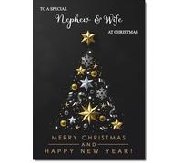 doodlecards Nephew & Wife Christmas Card Black Abstract Christmas Tree Medium Size with Plain Envelope