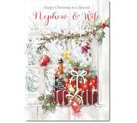 doodlecards Nephew & Wife Christmas Card Wine and Parcels Medium Size with Plain Red Envelope, 21 x 15cm