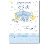doodlecards New Baby Boy Birth Congratulations Card Moses Basket Large A4 Size with Plain Envelope