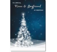 doodlecards Niece and Boyfriend Christmas Card Blue Contemporary Christmas Tree Medium Size Christmas Card for Niece & Boyfriend with Plain Envelope