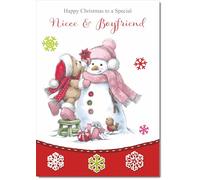 doodlecards Niece and Boyfriend Christmas Card Cute Bear with Snowman Medium Size Christmas Card for Niece & Boyfriend with Plain Envelope