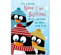 doodlecards Niece and Boyfriend Christmas Card Three Penquins Medium Size Christmas Card for Niece & Boyfriend with Plain Envelope