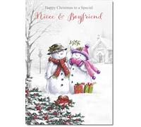 doodlecards Niece and Boyfriend Christmas Card Two Snowmen Medium Size Christmas Card for Niece & Boyfriend with Plain Envelope