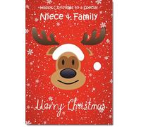 doodlecards Niece and Family Christmas Card Rudolph on Red Background Medium Size Christmas Card for Niece & Family with Plain Envelope