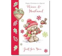 doodlecards Niece and Husband Christmas Card Cute Bear with Red Hat Medium Size Christmas Card for Niece & Husband with Plain Envelope