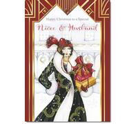 doodlecards Niece and Husband Christmas Card Lady with Parcels Medium Size Christmas Card for Niece & Husband with Plain Envelope