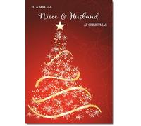 doodlecards Niece and Husband Christmas Card Red Abstract Christmas Tree Large A4 Size Christmas Card for Niece & Husband with Plain Envelope