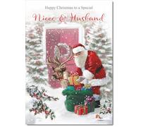 doodlecards Niece and Husband Christmas Card Santa with Parcels Medium Size Christmas Card for Niece & Husband with Plain Envelope