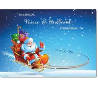 doodlecards Niece and Husband Christmas Card Santas Sleigh Medium Size Christmas Card for Niece & Husband with Plain Envelope