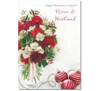 doodlecards Niece and Husband Christmas Card Vase of Red Flowers Medium Size Christmas Card for Niece & Husband with Plain Envelope