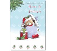 doodlecards Niece and Partner Christmas Card Cute Bear Parcel Large A4 Size Christmas Card for Niece & Partner with Plain Envelope