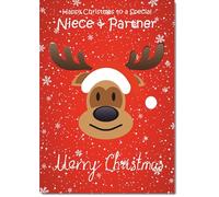 doodlecards Niece and Partner Christmas Card Rudolph on Red Background Medium Size Christmas Card for Niece & Partner with Plain Envelope