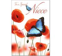 doodlecards Niece Birthday Card Butterfly Poppies Medium Size with Plain Envelope