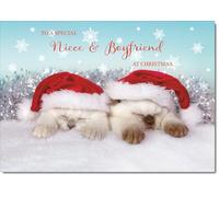 doodlecards Niece & Boyfriend Christmas Card Two Cats with Santa Hats Medium Size with Plain Envelope