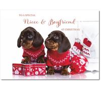 doodlecards Niece & Boyfriend Christmas Card Two Dogs with Christmas Jumpers Medium Size with Plain Envelope