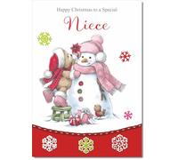 doodlecards Niece Christmas Card Cute Bear with Snowman Medium Size with Plain Red Envelope, 21 x 15cm