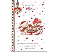 doodlecards Niece Christmas Card Two Cute Bears on Sled Medium Size Christmas Card for Niece with Plain Envelope