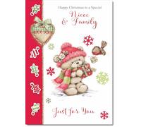 doodlecards Niece & Family Christmas Card Cute Bear with Red Hat Medium Size with Plain Envelope