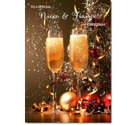 doodlecards Niece & Fiance Christmas Card Champagne Medium Size with Plain Red Envelope, 21 x 15cm