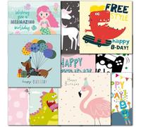 Doodlecards Pack 10x Mixed Childrens Happy Birthday Cards with envelopes. Multipack Mermaids, Dinosaurs, Animals, Unicorn, Gaming Boys Girls Kids Child Cards. Made in The UK.
