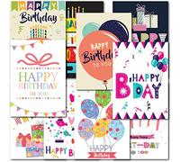 Doodlecards Pack of 20 Mixed A6 Happy Birthday Cards Blank Inside with Envelopes. Multipack Male & Female Balloons, Presents, Cakes. 100% Recyclable. Made in the UK.