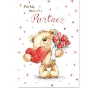 doodlecards Partner Valentine's Day Card Teddy with Love Heart and Flowers Large A4 Size with Plain Envelope