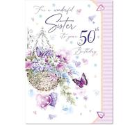 doodlecards Sister 50th Birthday Card Age 50 Purple Hanging Basket
