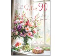 doodlecards Sister 90th Birthday Card Age 90 Flower Bouquet and Present