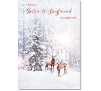 doodlecards Sister and Boyfriend Christmas Card Deers in Forest Medium Size Christmas Card for Sister & Boyfriend with Plain Envelope