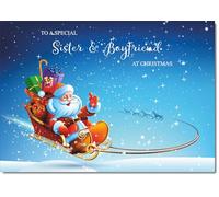 doodlecards Sister and Boyfriend Christmas Card Santas Sleigh Medium Size Christmas Card for Sister & Boyfriend with Plain Envelope