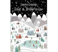 doodlecards Sister and Brother in Law Christmas Card Mountain Scene In Snowy Village Medium Size Christmas Card for Sister & Brother-in-Law with Plain Envelope