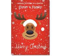doodlecards Sister and Family Christmas Card Rudolph on Red Background Medium Size Christmas Card for Sister & Family with Plain Envelope