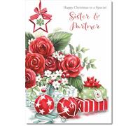 doodlecards Sister and Partner Christmas Card Red Flowers Medium Size Christmas Card for Sister & Partner with Plain Envelope