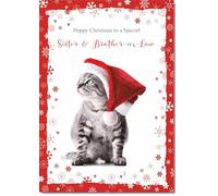doodlecards Sister & Brother-In-Law Christmas Card Cat with Santa Hat Medium Size with Plain Red Envelope, 21 x 15cm