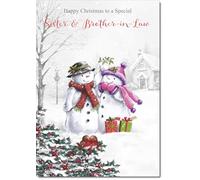 doodlecards Sister & Brother-In-Law Christmas Card Two Snowmen Medium Size with Plain Red Envelope, 21 x 15cm