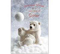 doodlecards Sister Christmas Card Polar Bear and Snowball Large A4 Size Christmas Card for Sister with Plain Envelope