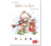 doodlecards Sister in Law Christmas Card Cute Bear at Post Box Medium Size Christmas Card for Sister-in-Law with Plain Envelope
