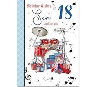 doodlecards Son 18th Birthday Card Age 18 Drumkit