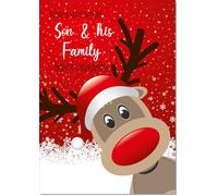 doodlecards Son and Family Christmas Card Rudolph in Snow Medium Size Christmas Card for Son & Family with Plain Envelope