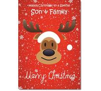 doodlecards Son and Family Christmas Card Rudolph on Red Background Medium Size Christmas Card for Son & Family with Plain Envelope