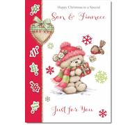 doodlecards Son and Fiancee Christmas Card Cute Bear with Red Hat Medium Size Christmas Card for Son & Fiancee with Plain Envelope