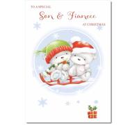 doodlecards Son and Fiancee Christmas Card Cute Bears on Sled Medium Size Christmas Card for Son & Fiancee with Plain Envelope