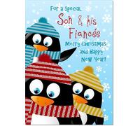 doodlecards Son and Fiancee Christmas Card Three Penquins Medium Size Christmas Card for Son & Fiancee with Plain Envelope