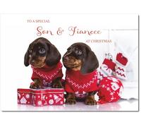 doodlecards Son and Fiancee Christmas Card Two Dogs with Christmas Jumpers Medium Size Christmas Card for Son & Fiancee with Plain Envelope