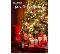doodlecards Son and Girlfriend Christmas Card Teddy by Christmas Tree Medium Size Christmas Card for Son & Girlfriend with Plain Envelope