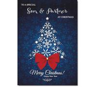 doodlecards Son and Partner Christmas Card Blue Abstract Christmas Tree Medium Size Christmas Card for Son & Partner with Plain Envelope