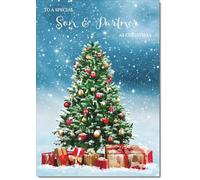 doodlecards Son and Partner Christmas Card Christmas Tree and Parcels Large A4 Size Christmas Card for Son & Partner with Plain Envelope