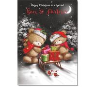 doodlecards Son and Partner Christmas Card Cute Bears at Night Large A4 Size Christmas Card for Son & Partner with Plain Envelope