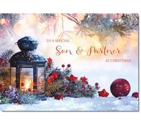doodlecards Son and Partner Christmas Card Festive Lamp Large A4 Size Christmas Card for Son & Partner with Plain Envelope