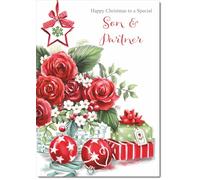 doodlecards Son and Partner Christmas Card Red Flowers Medium Size Christmas Card for Son & Partner with Plain Envelope